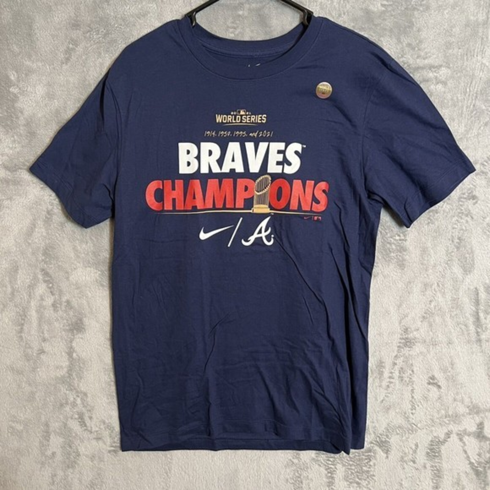 The‎ Nike Tee Men S 2021 World Series Champion Celebration Blue NWOT MLB Braves